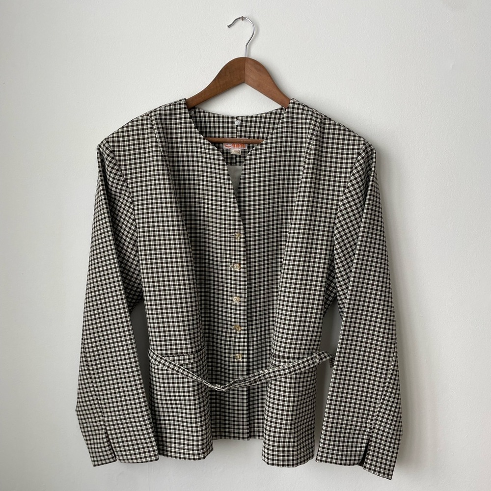 Vintage 80’s 90’s Plus Size Neutral Gingham Checkered Jacket - Womens 3X